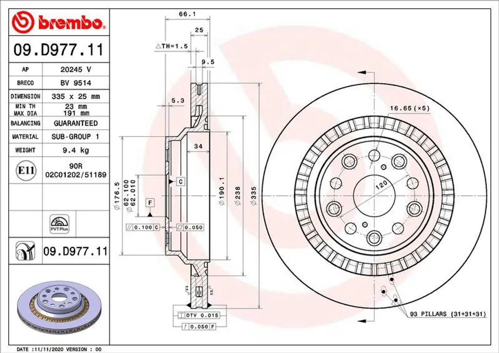 Disque de frein Brembo 09.D977.11 pour LS F5 - Remplacement OE 4243250020