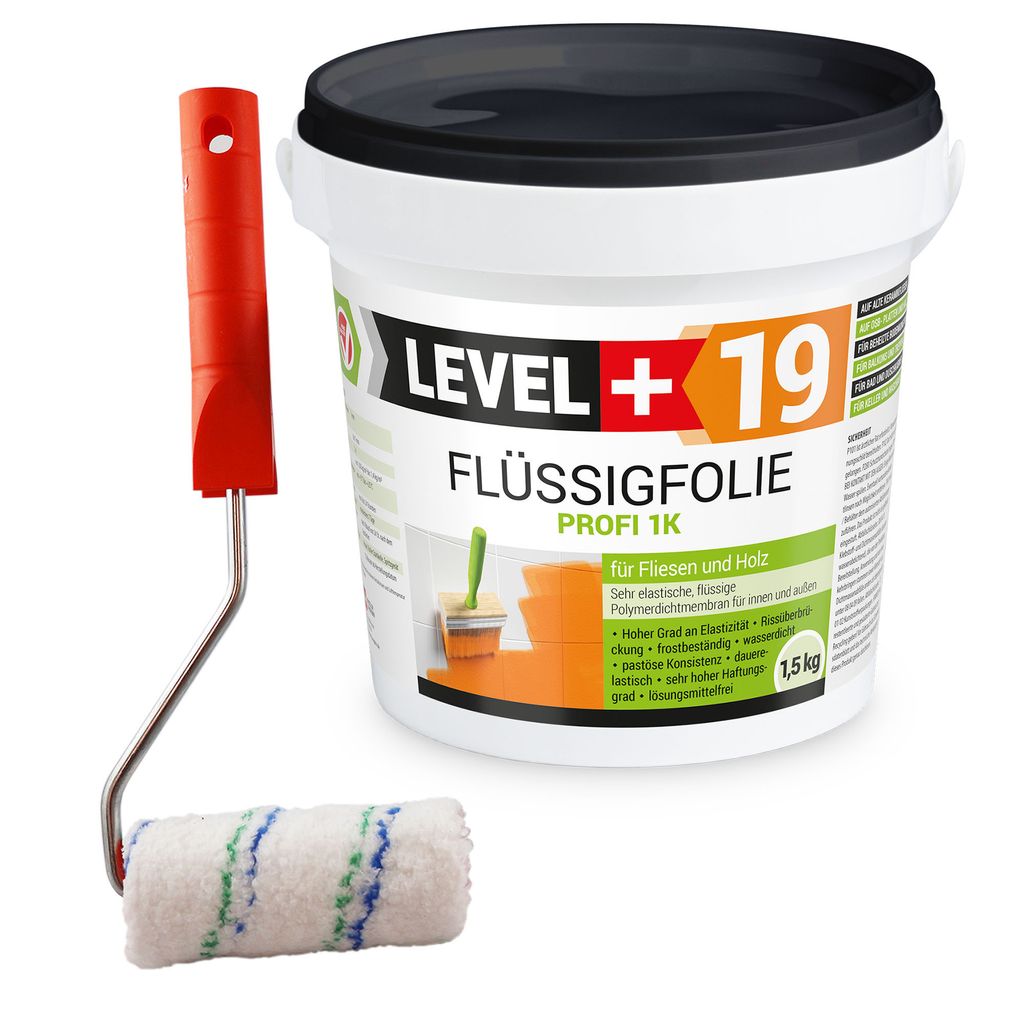 Flüssigfolie 1,5kg Profi Abdichtung Innen Außen Fliesen Holz+Farbroller 10cm L+19