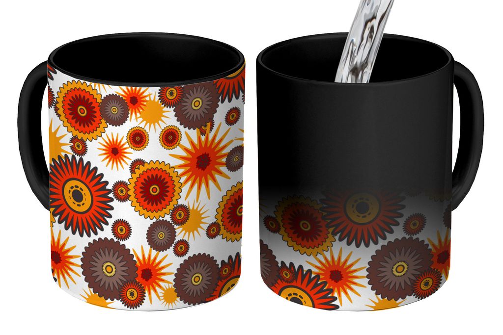 KitchenYeah Zauber Tasse Zaubertasse Magic Design - Retro - Orange - Blumen 350 ml Farbwechsel Becher Geschenk Geschenkidee - Magic-Tasse - Fotot...