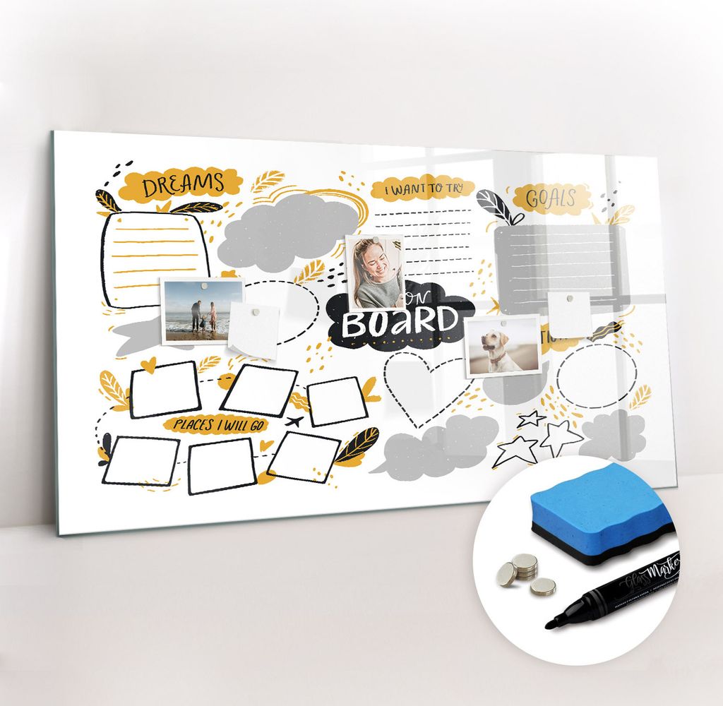 Magnetpinnwand Memoboard - Zubehörsatz - Schwarzer Marker + Schwamm + Magnete - 120 x 60 cm - Neujahrsziele