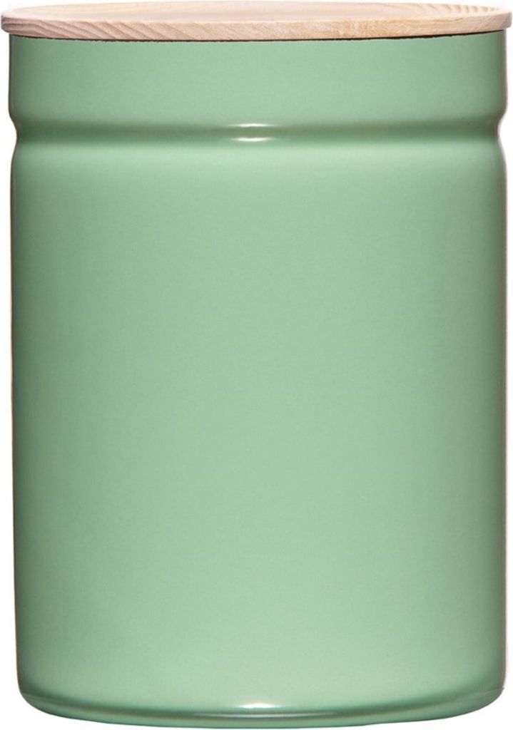 A close-up studio shot of a green storage container with a wooden lid.