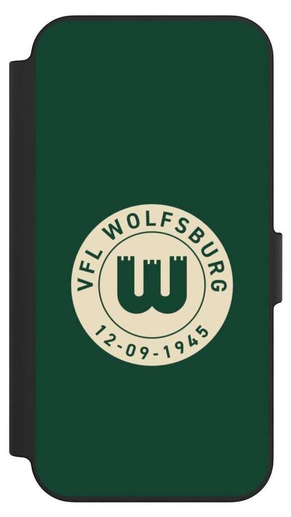 NIVOCASE Klapphülle für Apple iPhone 13 Handyhülle aus Kunst Leder NIVOflip schwarz Offizielles Lizenzprodukt VfL Wolfsburg 80 Jahre