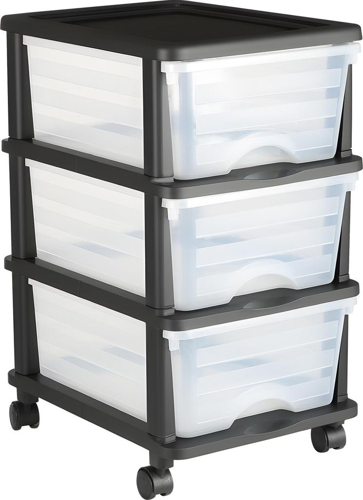 A three-drawer storage cart with wheels.
