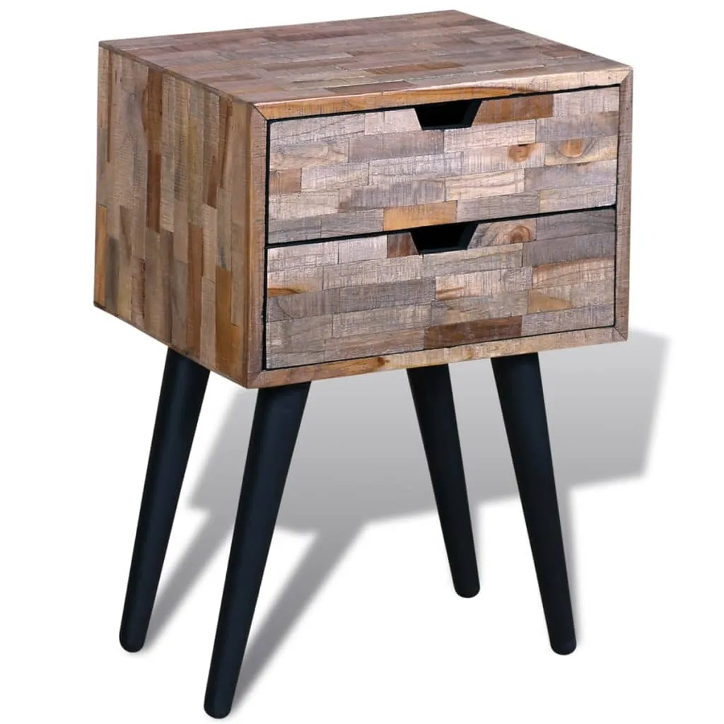Table de nuit 2 tiroirs en teck ancien robuste au design rustique chic