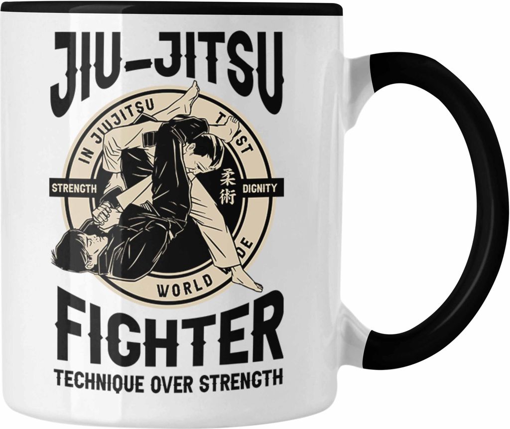 Trendation - Jiu Jitsu Tasse Geschenk für Kampfsportler Geschenkidee Technik über Stärke Spruch (Schwarz)