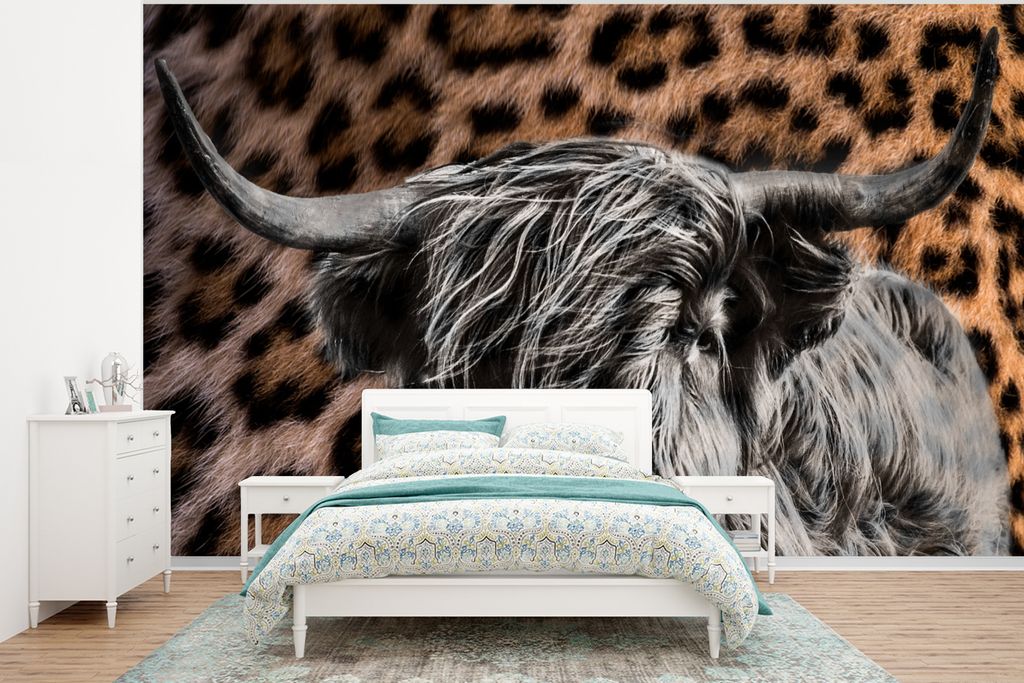 MuchoWow Fototapete für Wohnzimmer oder Schlafzimmer Wandtapete Vinyl Motivtapete Schottischer Highlander - Panther - Schwarz - Weiß - 295x220 ...