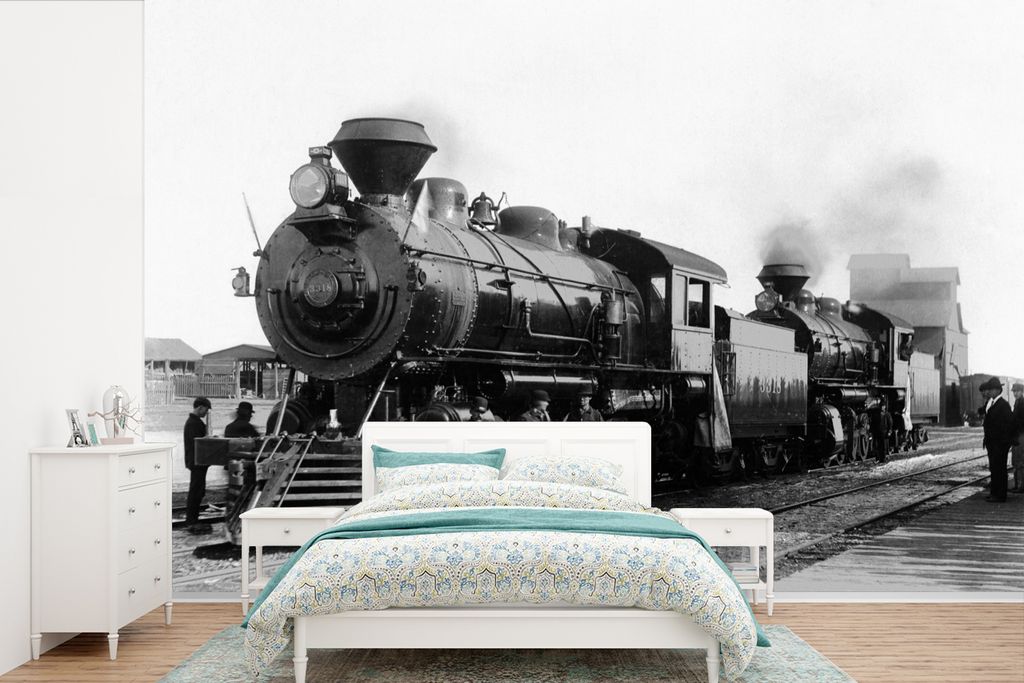 MuchoWow Fototapete für Wohnzimmer oder Schlafzimmer Wandtapete Vinyl Motivtapete Schwarz-Weiß-Fotografie eines antiken Dampfzuges - 330x220 cm...