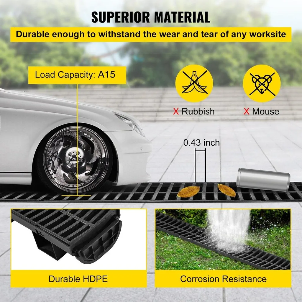 Sistema di drenaggio a fossa, canale di scolo con griglia in plastica, fossa di drenaggio in HDPE 145x79 mm, scarico per pavimento garage in plastica nera, griglia per fossa di drenaggio 3x39, con 3 tappi terminali, per giardino, vialetto - confezione da 3 - 6
