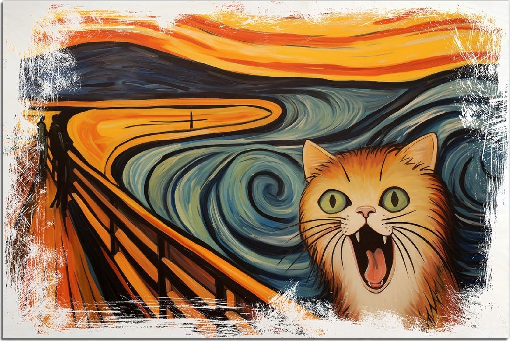 Kunstdrucke Wandbilder Holz in : Brillante Farben, Größe 60 x 90 cm Motiv Der Schrei der Katze