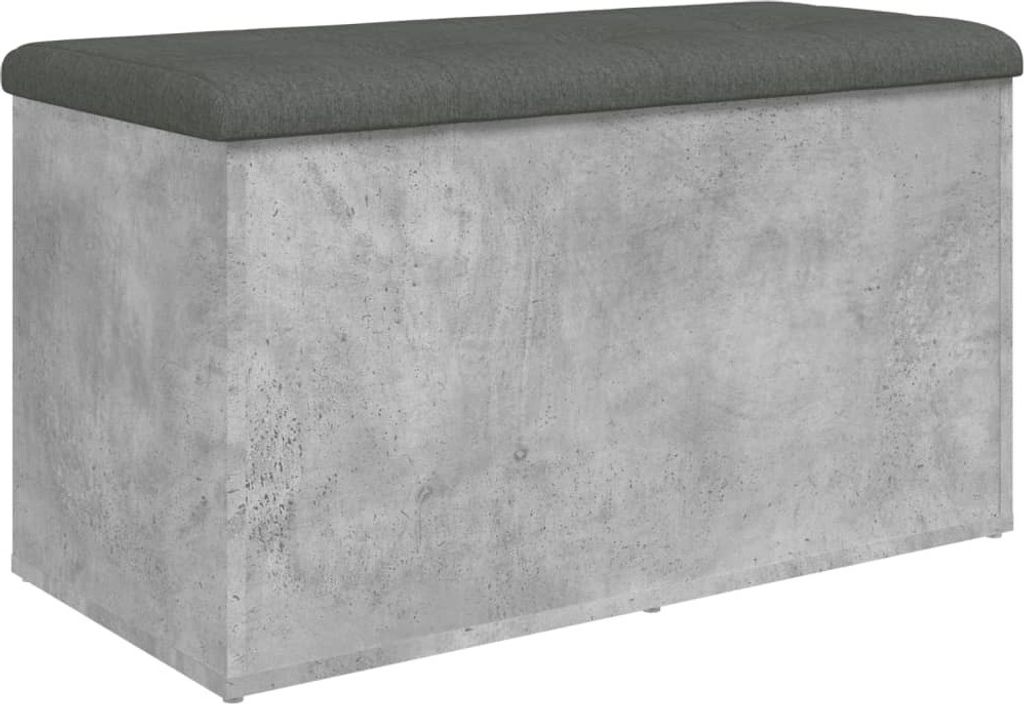 A rectangular storage bench with a dark gray cushioned top and a concrete-effect textured body.