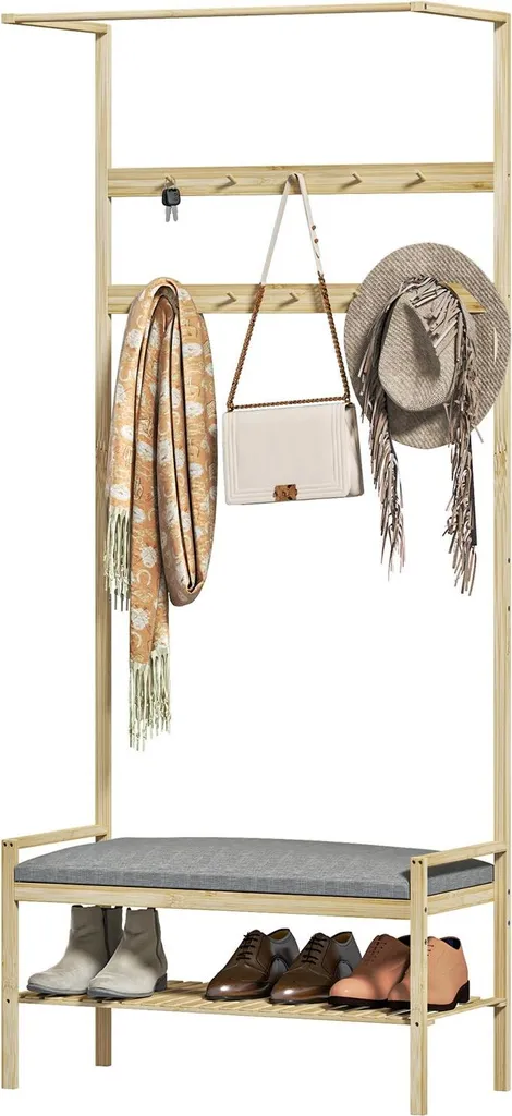 Portemanteau avec banc à chaussures en bambou naturel et crochets