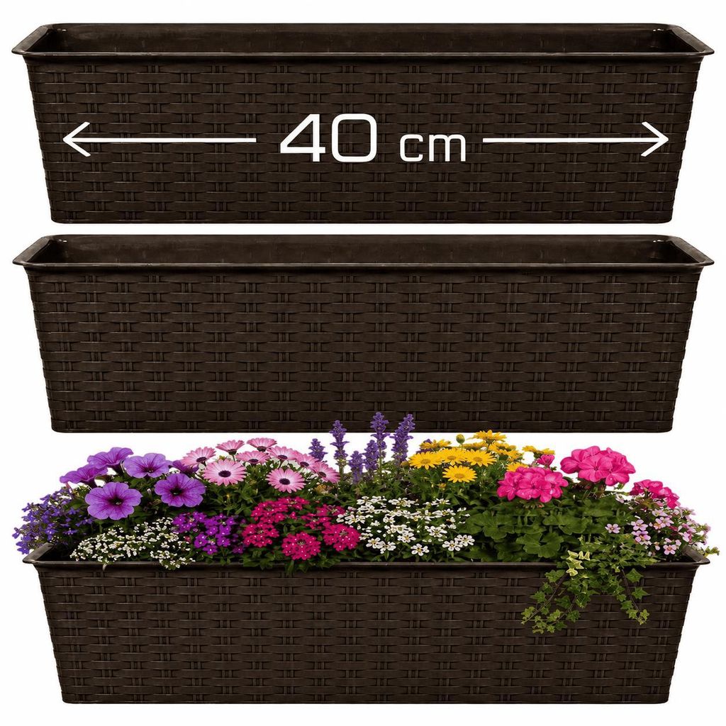 3 Blumenkasten Balkonkasten Pflanzkasten Kräuter Balkonkästen Set Braun 40cm