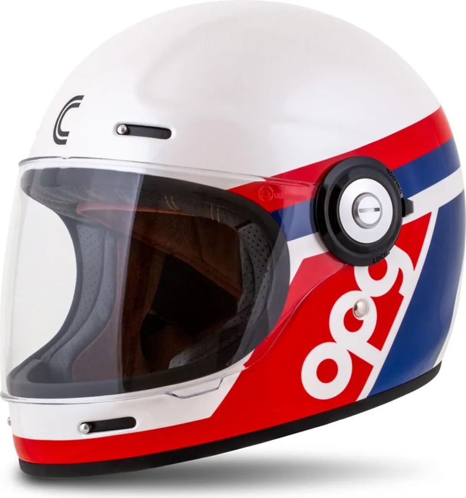 Casque Fibre OPG CASSIDA Blanc Bleu Rouge Taille S pour Motards