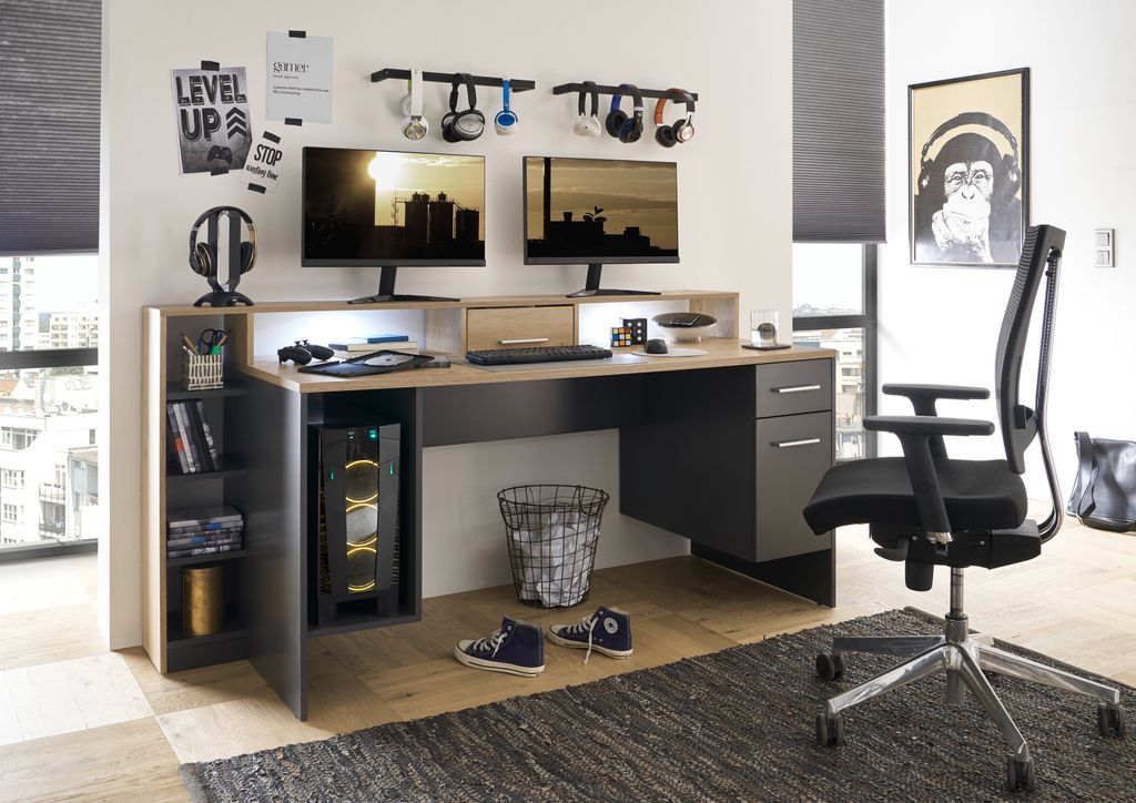 Gaming-Schreibtisch Tudi inkl. Lampe - grau/holz