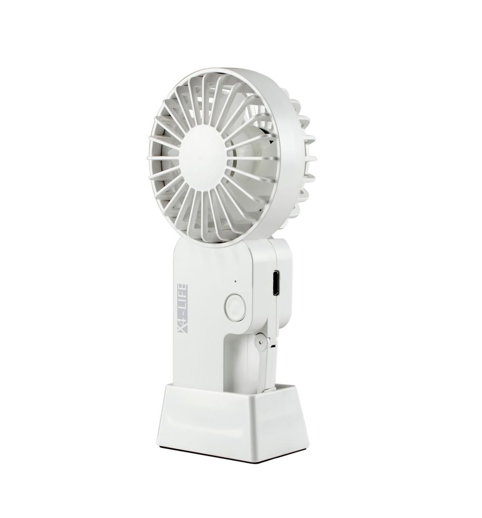 A white portable fan is shown against a white background.
