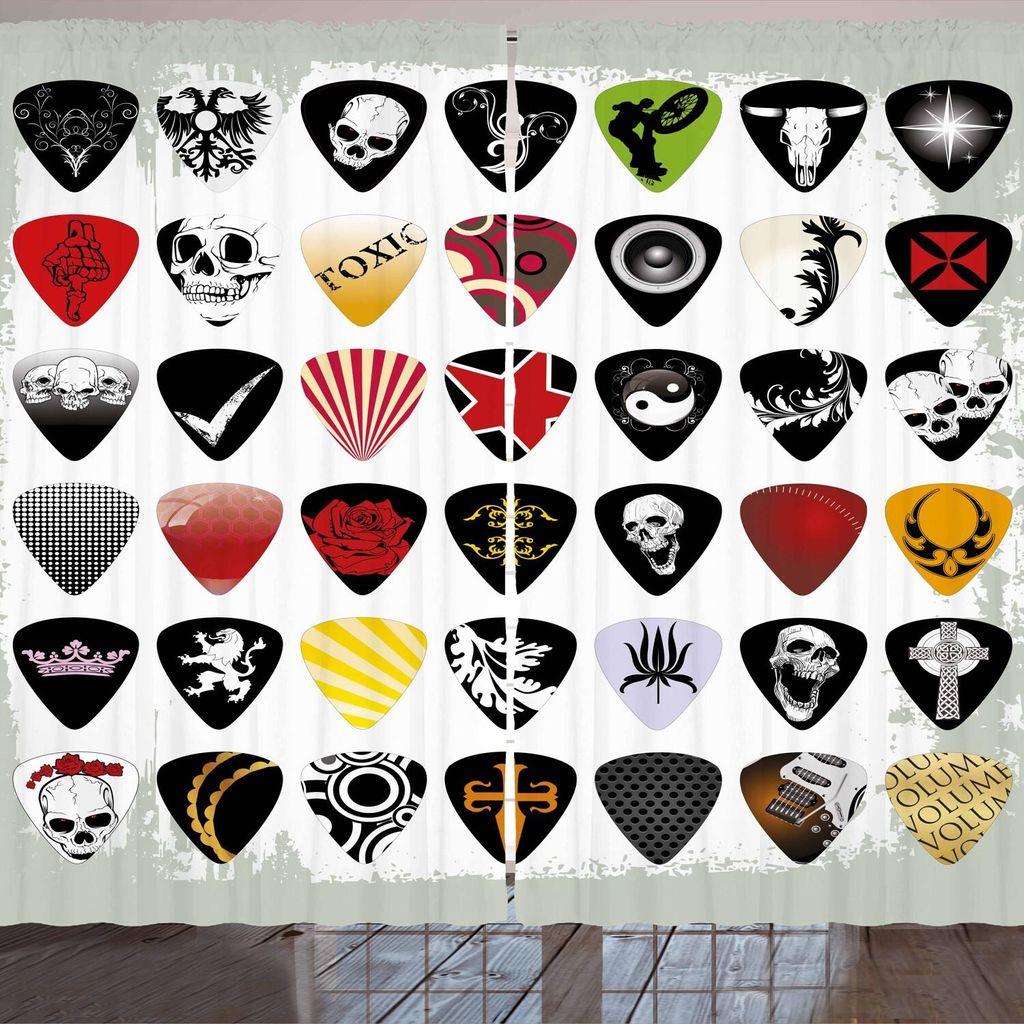 ARANDE Rockmusik Gardine, Plektren verschiedene Designs Skulls Crosses Stripes und Stars Rockstar Lifestyle, 280 x 260 cm, Mehrfarbig