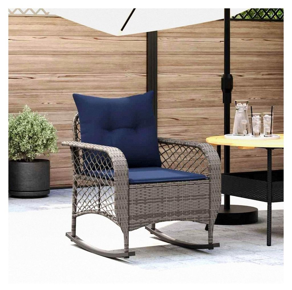 Garten-Schaukelstuhl mit Kissen in Grau aus Poly Rattan