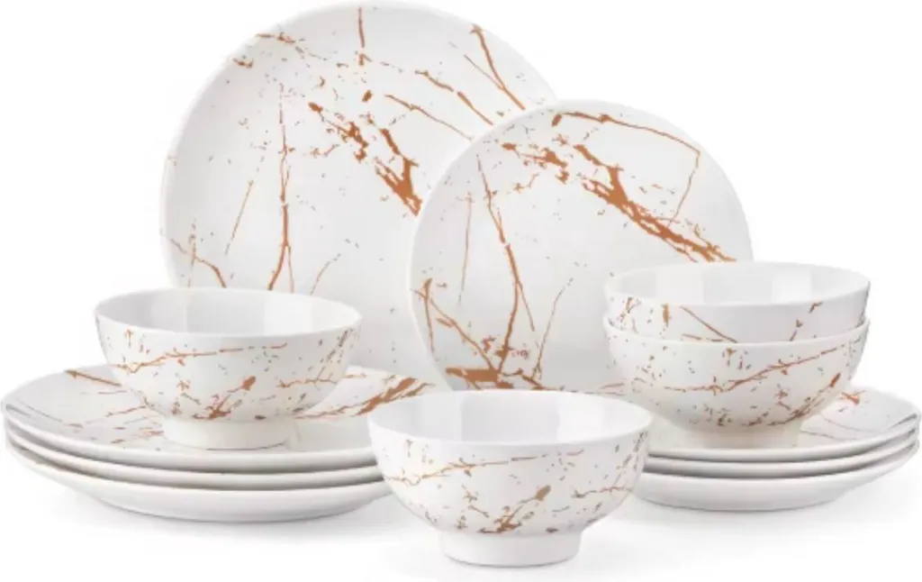 Servizi da tavola Vittoria – 4 persone – Set da 12 pezzi – Bianco/oro – Ceramica – Piatti piani, piatti fondi, piatti da colazione