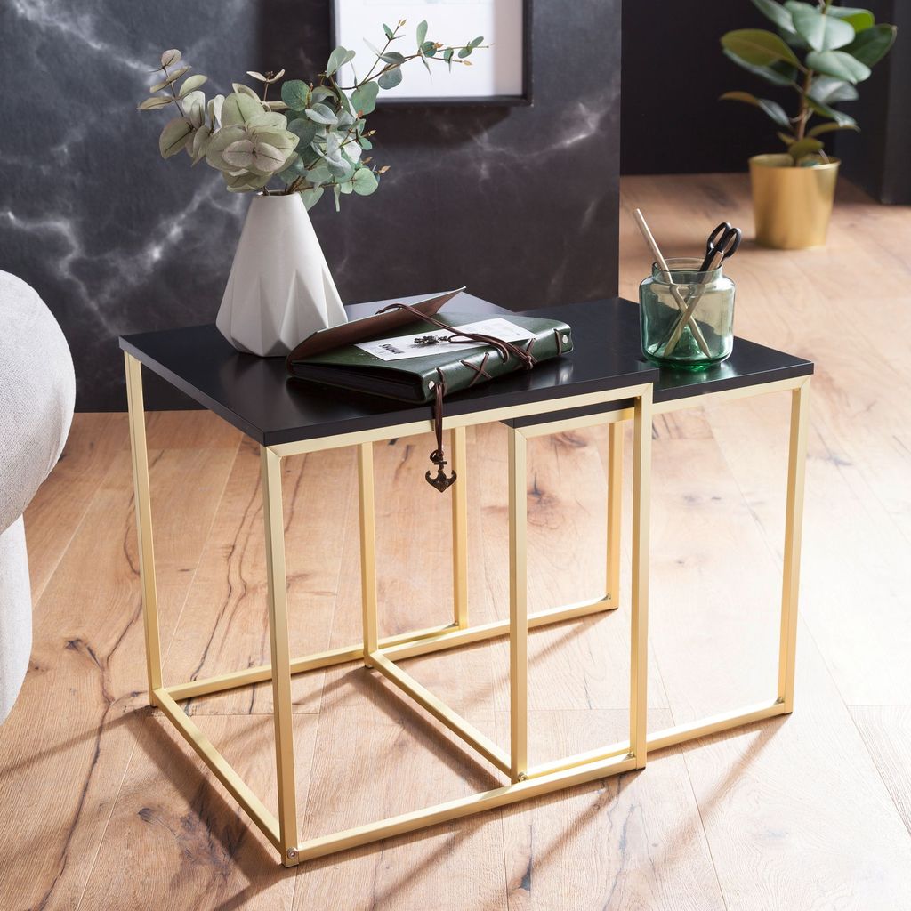 Satztisch CHUR Schwarz / Gold Beistelltisch MDF / Metall, Couchtisch Set aus 2 Tischen, Kleiner Wohnzimmertisch, Metalltisch mit Holzplatte, Ablage...