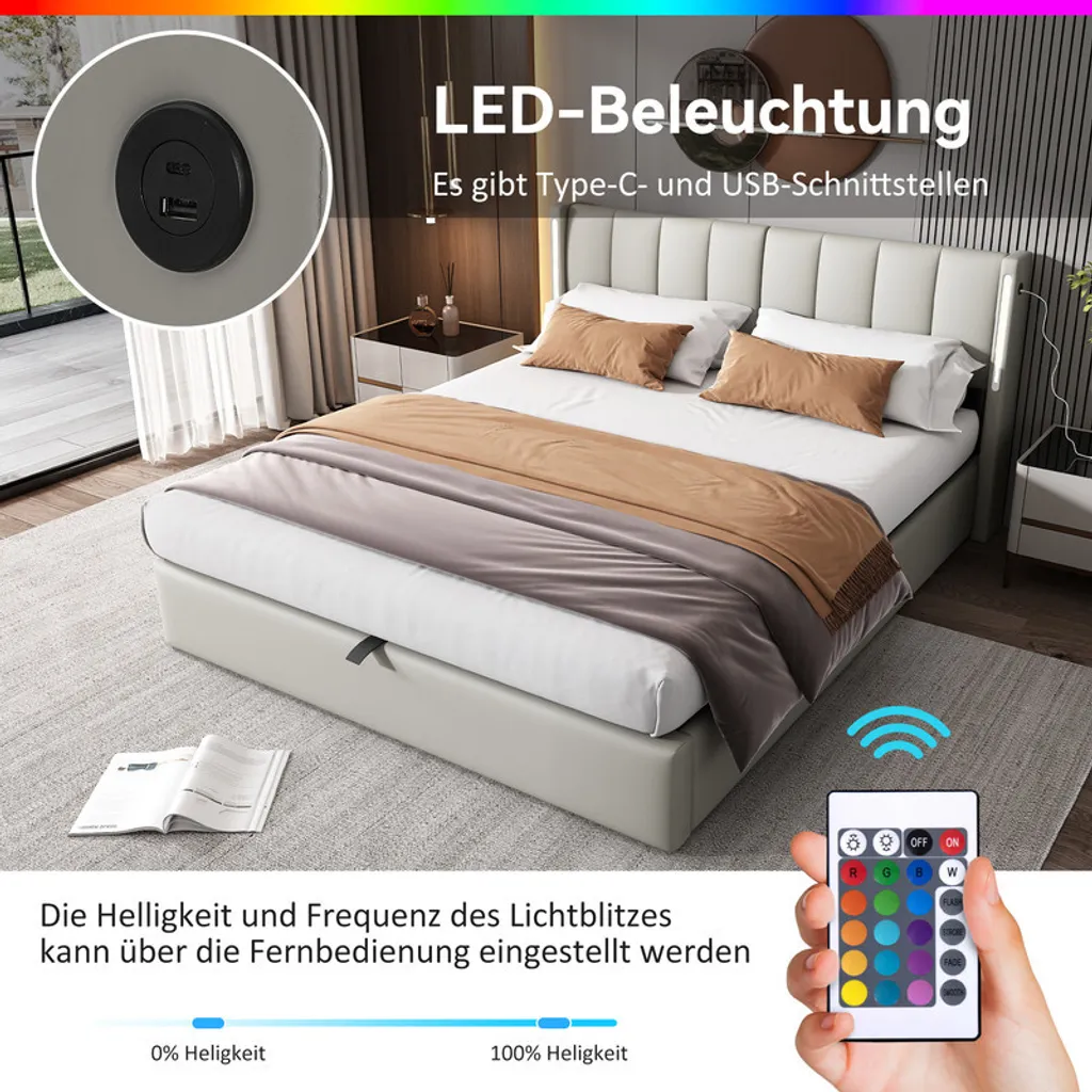 Lit Boxspring 140x200cm Gris Hydraulique avec LED et Prises USB Intégrées - 4