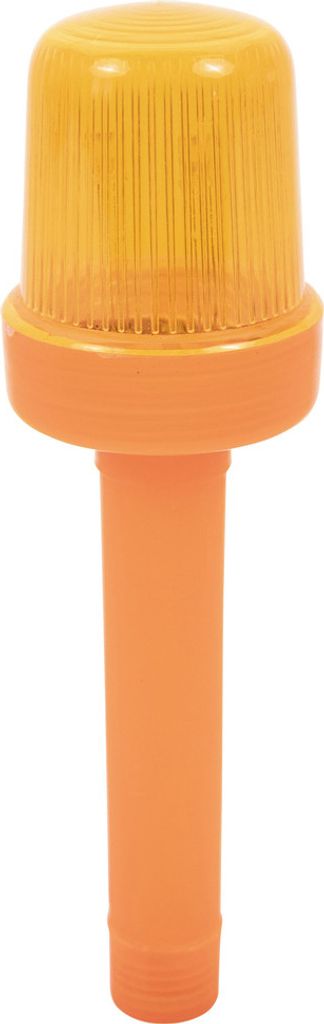 A close-up studio shot of an orange and yellow blinker light for a traffic cone.