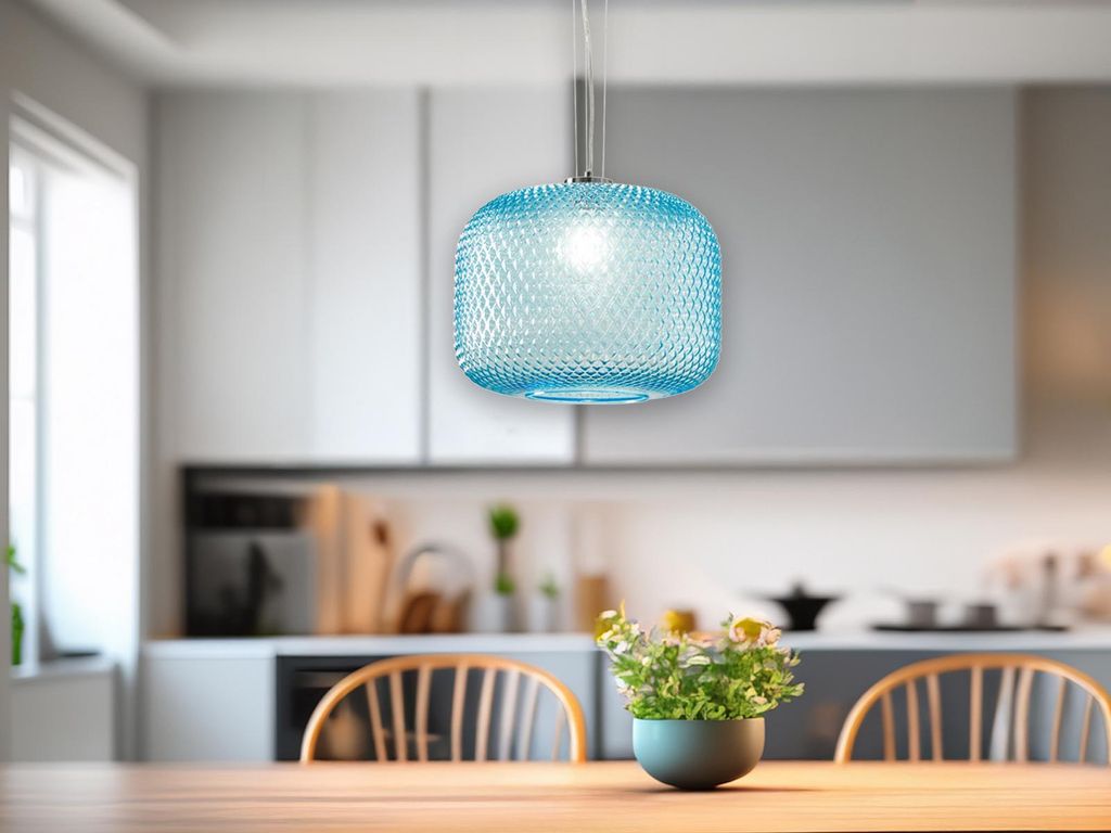 LED Pendelleuchte einflammig, Relief Galsschirm in Blau Esszimmerlampe hängend