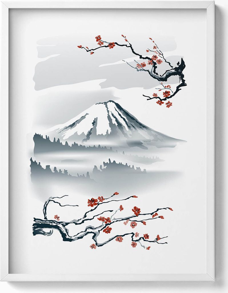 Japanische Illustration des Berges Fuji und Kirschblüten– Wandbild mit Rahmen – Gerahmtes Bild – Wanddekoration – 60x80 cm – Weiß Rahmen