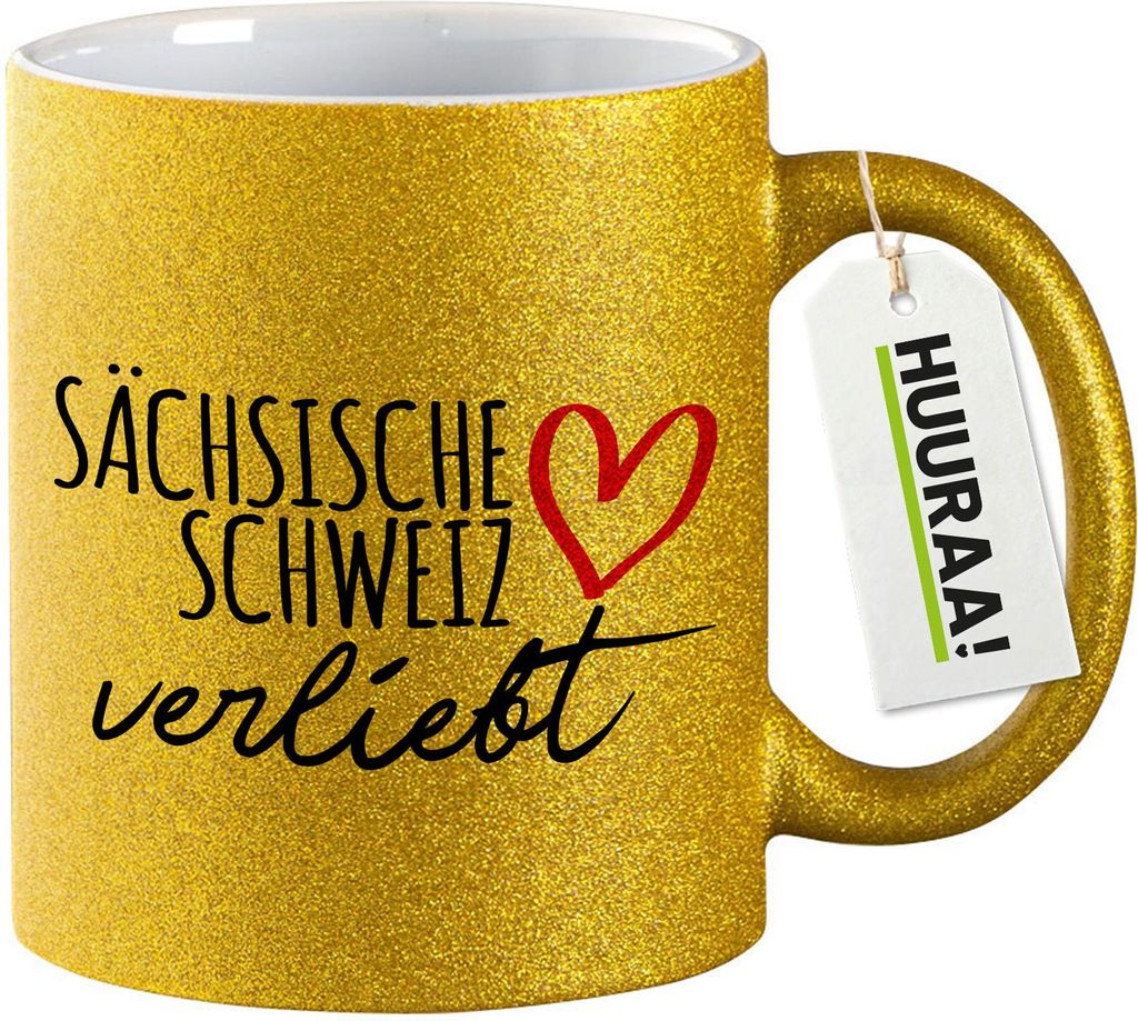 Huuraa Glitzertasse Sächsische Schweiz verliebt 330ml Gold Keramik Kaffeebecher Geschenkidee