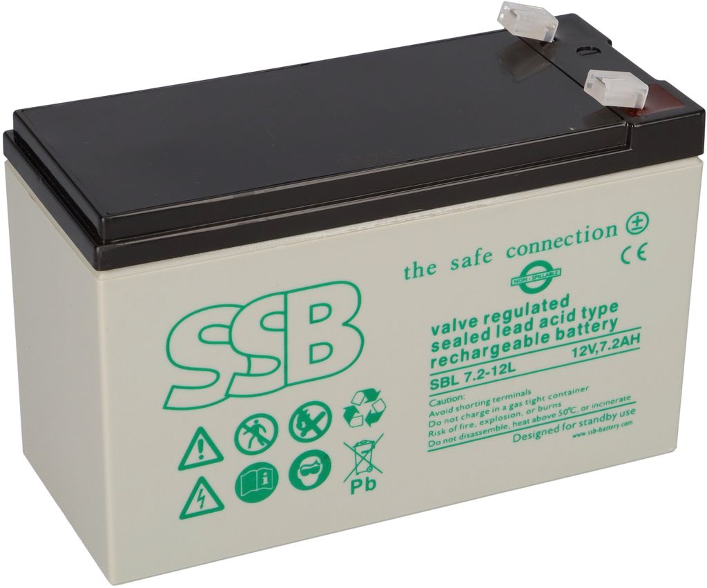 A white sealed lead-acid rechargeable battery with black top and green labeling.