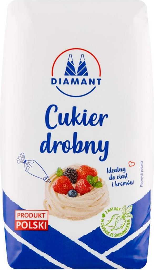 A bag of Diamant fine sugar with an illustration of a dessert and berries.