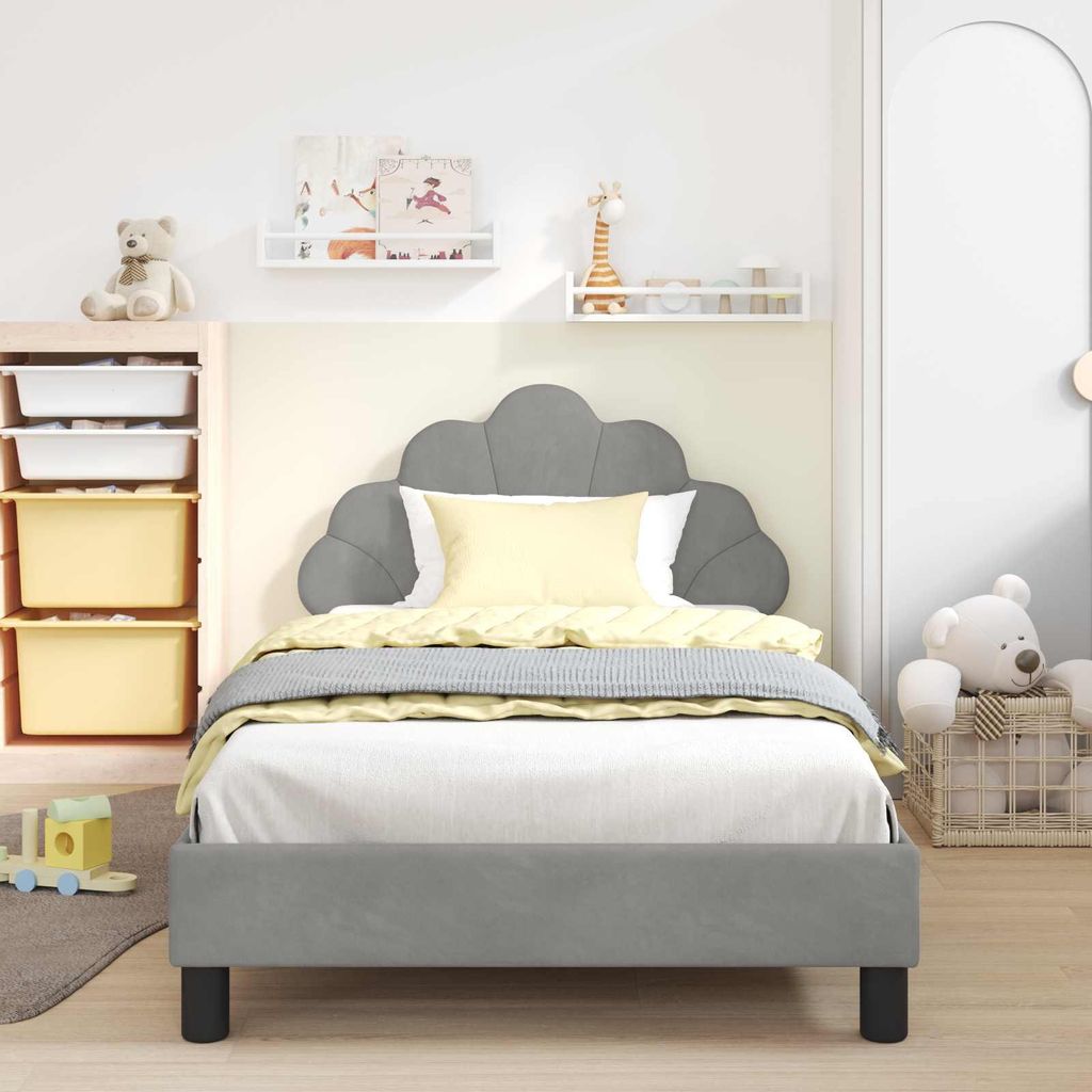 (Design 2026) Kinderbettgestell mit Kopfteil Hellgrau 90 x 190cm Samt - HOMMIE 265149 - Klassische BettenJugendbett Tagesbett