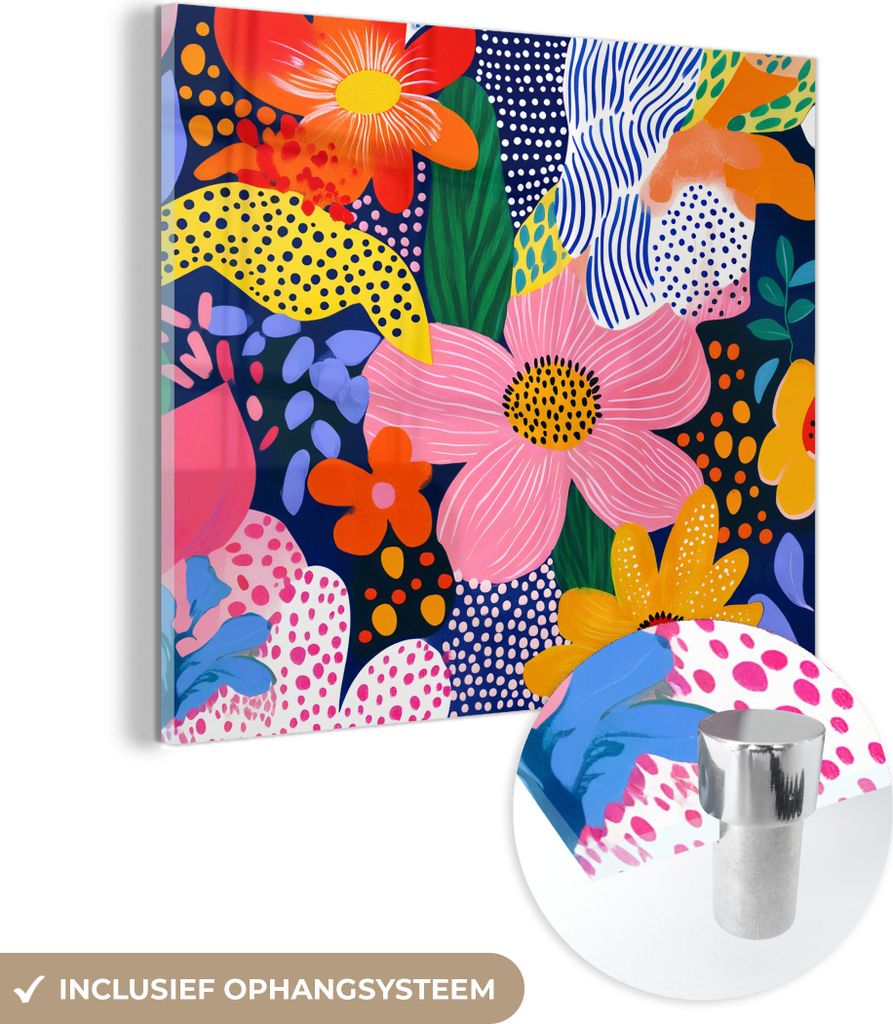MuchoWow Glasbilder - Bilder auf Wandbild - Foto auf Glas Bunt - Blumen - Abstrakt - Punkte 40x40 cm Wanddekoration aus Glas - Acrylglasbild - Acry...
