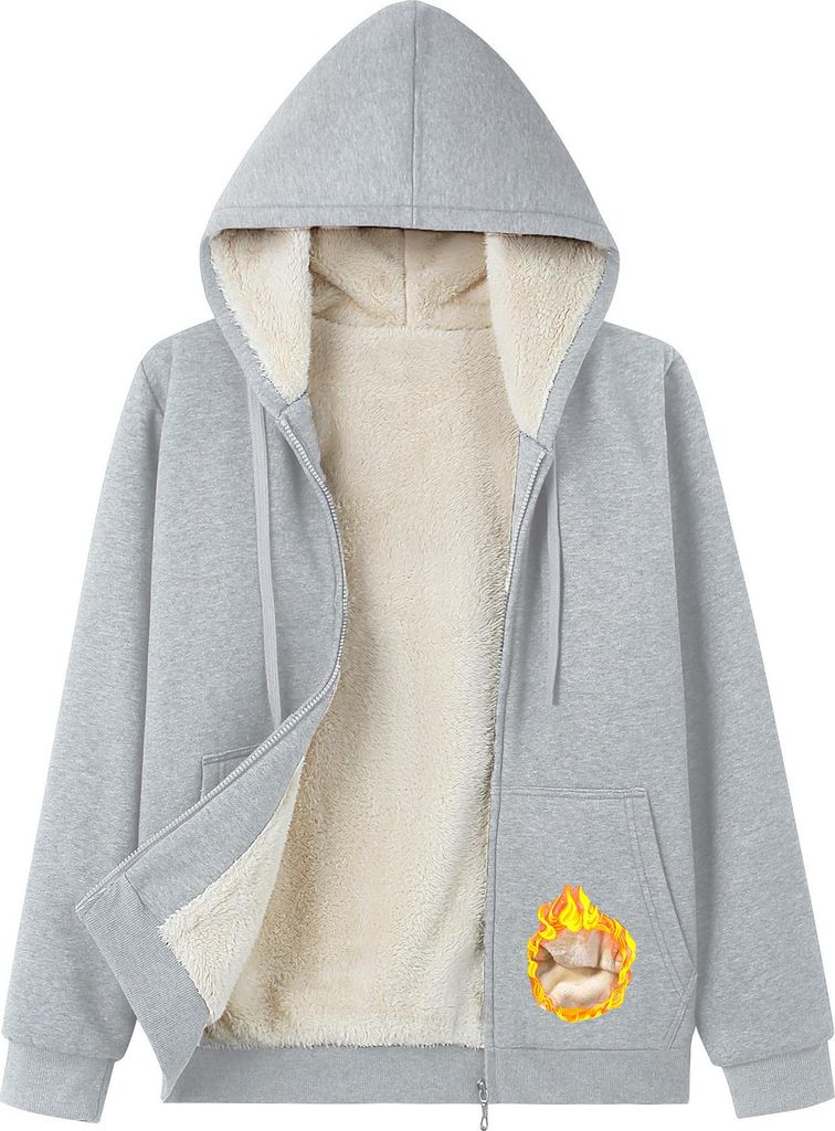 ASKSA Damen Sweatjacke Gefuettert Warme Winter Zipper Jacke Fleecejacke Winterjacke Hoodie mit Kapuze (Hellgrau,S)