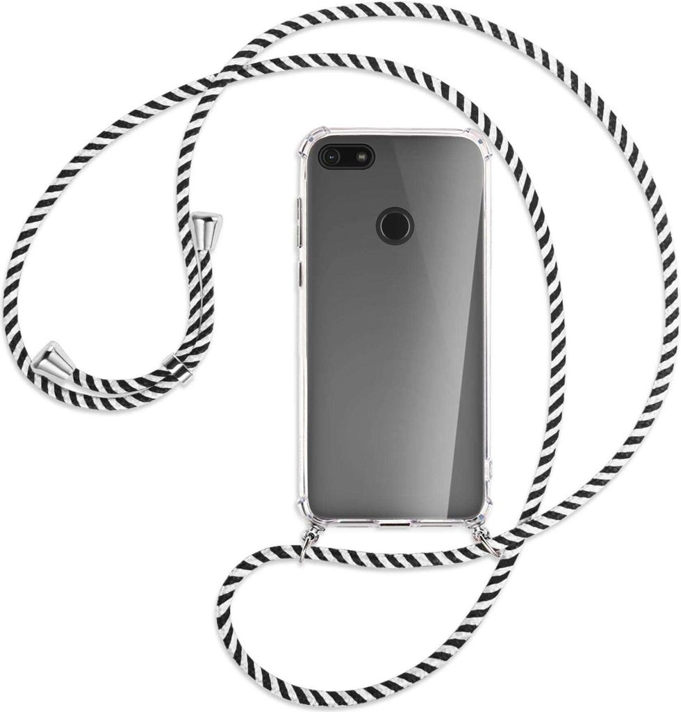 Handykette Backcover-Schutzhülle mit Band (Metall silberfarben) für Motorola Moto E6 Play - schwarz/weiß gestreift
