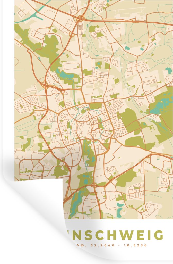 MuchoWow Wandtattoo Wandsticker Wandaufkleber Braunschweig - Karte - Vintage - Stadtplan 60x90 cm Selbstklebend und Repositionierbar - Sticker - ...