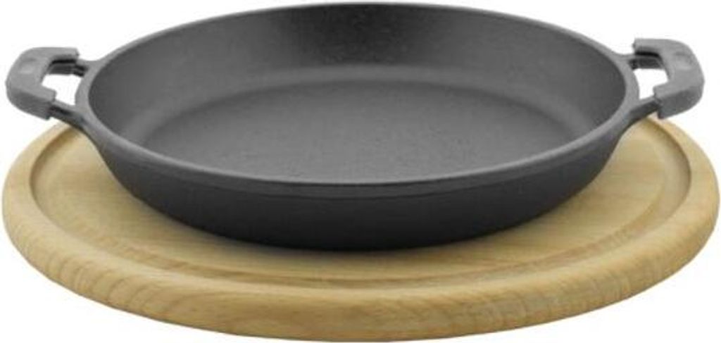 Servierpfanne 14 cm emaillierte Bratpfanne Holzuntersetzer Produktbild 