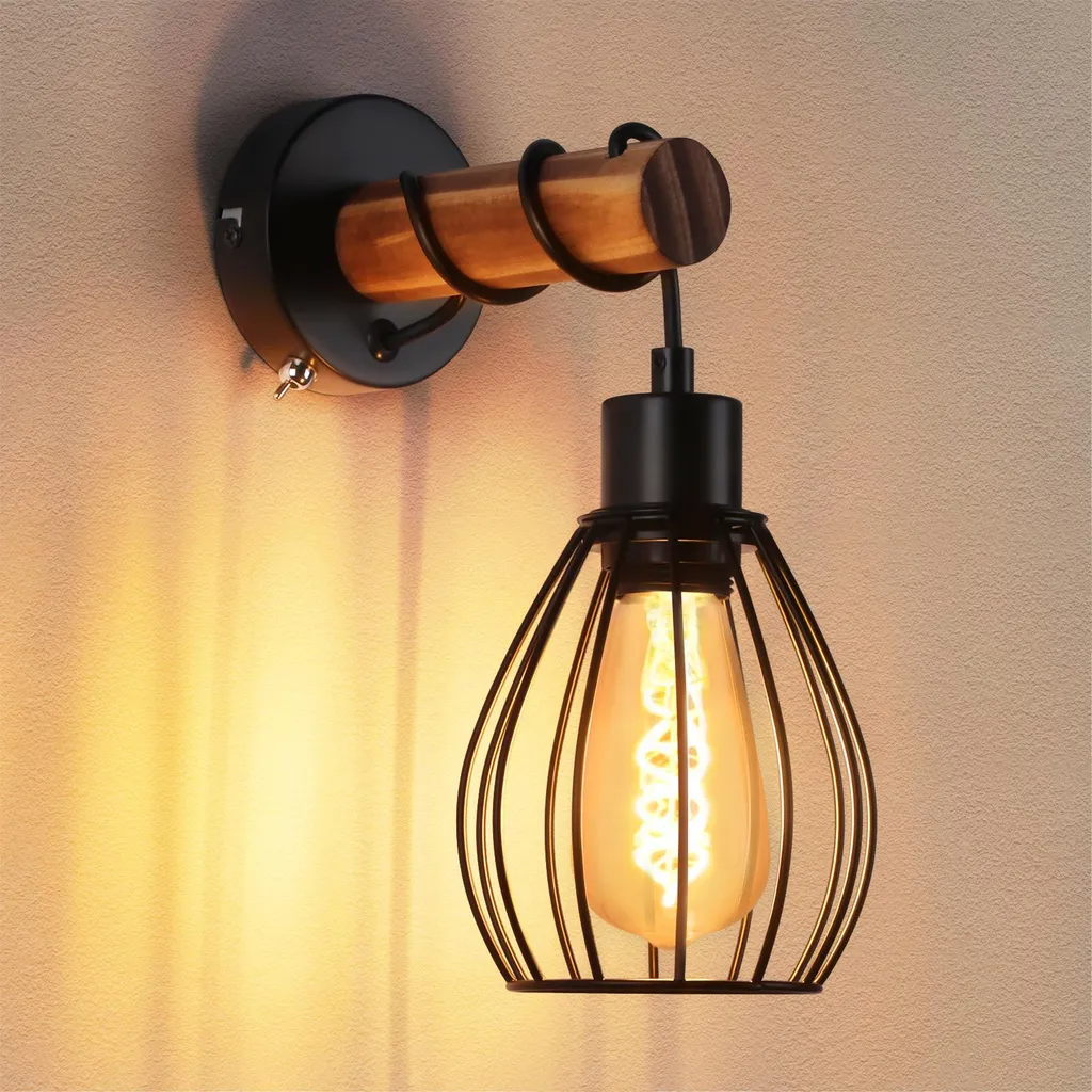 Applique Industriale ZMH con Interruttore - Lampada Letto Legno E27