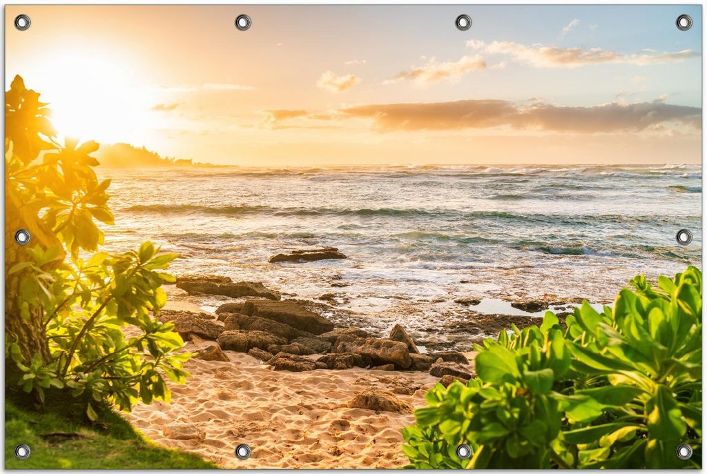 Wallario Outdoor-Poster für Garten oder Balkon, Motiv Strand im Morgenlicht, in ca. 80 x 120 cm