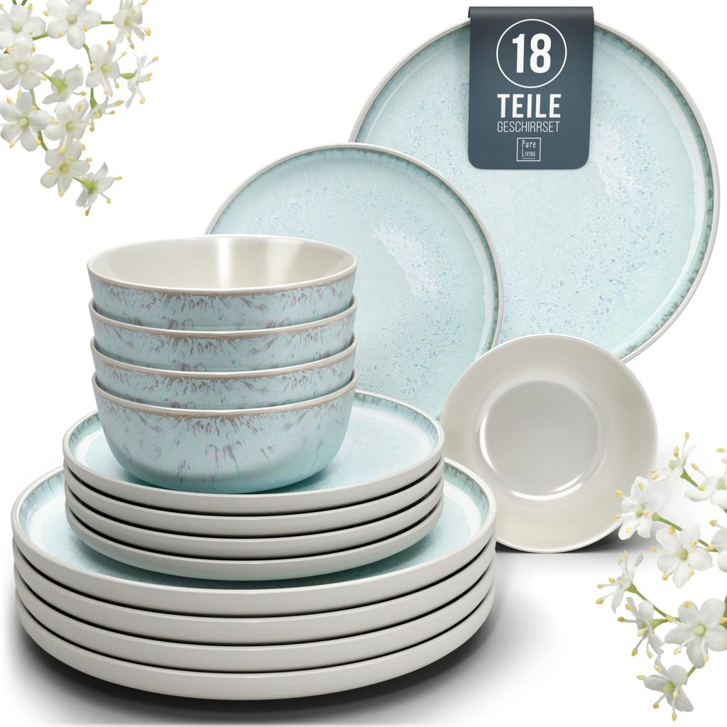 Steingut Geschirrset 6 Pers. Ibiza 18-tlg - Hochwertiges Mediterranes Steingut Geschirr Set - Schüssel & Teller Set - Tafelservice 6 Personen Gesc...