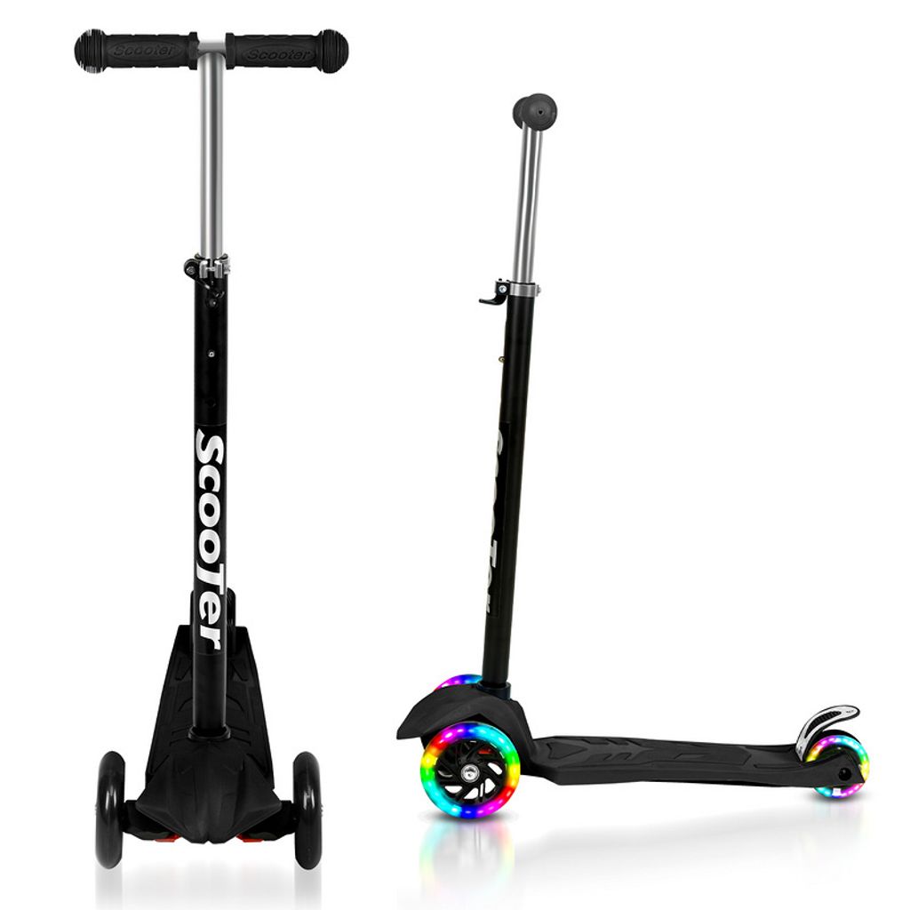 TolleTour Kinderroller Funscooter Tretroller Kickroller Faltbar 3-LED-Räder-Kinderroller bis 50 kg Höhenverstellbar Schwarz