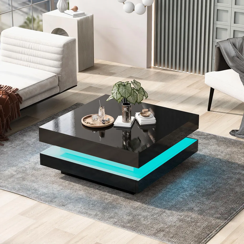 Table Basse Carrée Noir 70x70cm avec Éclairage LED Moderne - MODFU