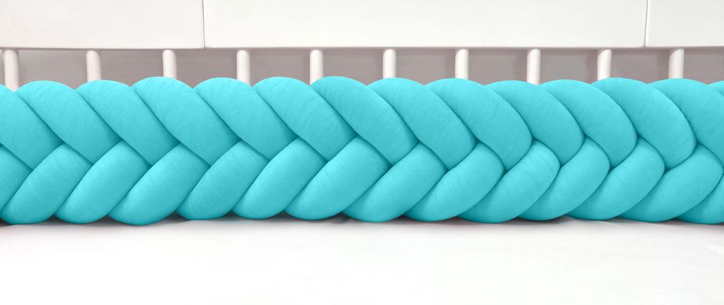 Bettschlange 120 cm Türkis – geflochtene Bettumrandung fürs Babybett, Velours, Modell MAXIBRAID | Letino