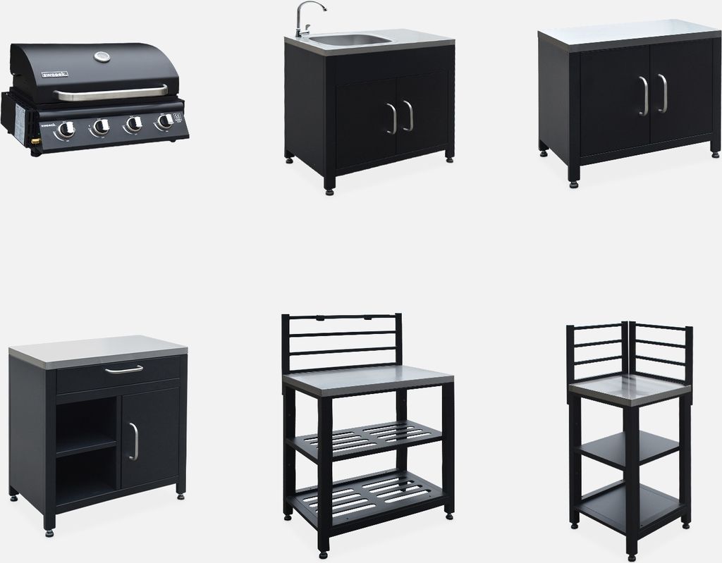 sweeek - Außenküche 5 Elemente aus Stahl + Gasgrill 4 Brennern - Schwarz