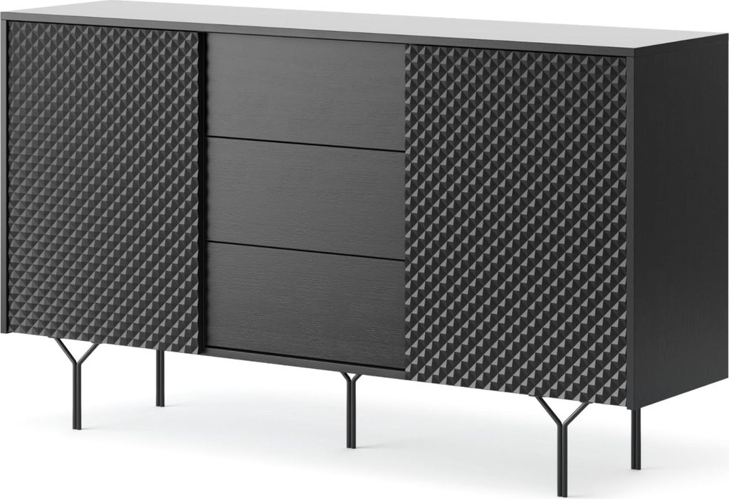 Komodee, Kommode ORILLIA KSZ144 - Schwarz - 2 Gefräste Fronten - 3 Schubladen - Breite 144 cm, Höhe 83 cm, Tiefe 38 cm