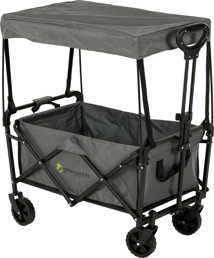 A gray folding wagon with a canopy, shown from a slightly elevated front-left angle against a white background.