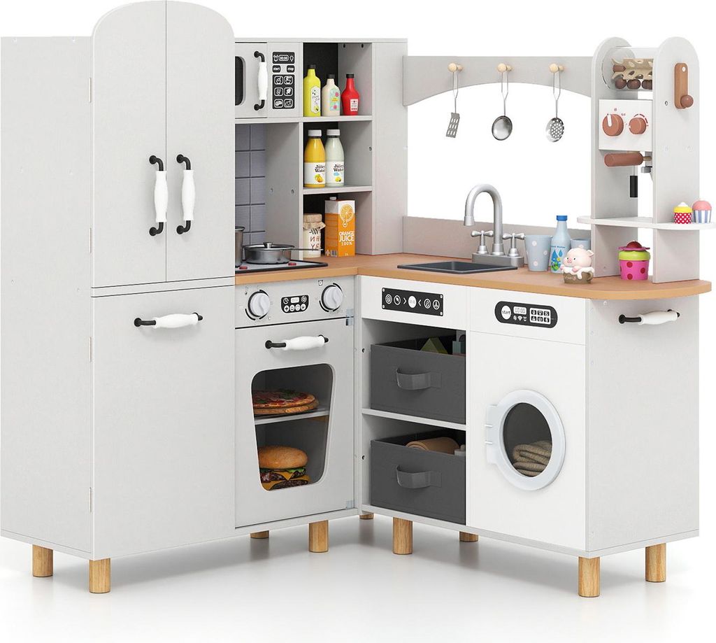 COSTWAY Kinderküche, Eck-Spielküche mit 12 Zubehör, Stoffkörben, Doppeltür-Kühlschrank, Kaffeemaschine, Waschmaschine, Licht&Sound, Kinder ab...
