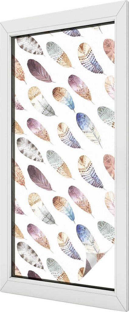 Buntglas Fensterfolie – 116x50 cm – Stained-Glass Design – blickdichte dekorative Sichtschutzfolie – selbstklebend, UV-Schutz – Boho-Federn