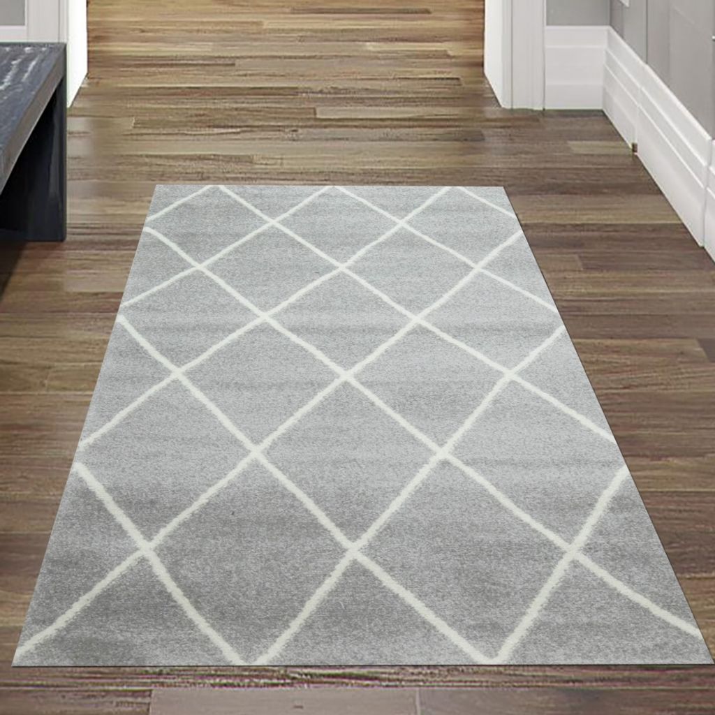 Teppich Skandinavischer Stil Wohnzimmer Rautenmuster - pflegeleicht - grau creme weiß Größe - 80 x 150 cm