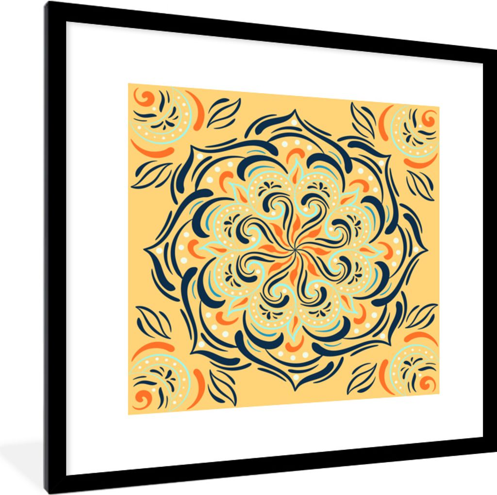 MuchoWow MuchoWow Gerahmtes Poster Blume - Blätter - Gelb - Muster 40x40 cm - Poster mit zchwarzem Bilderrahmen - Poster - Plakat im Rahmen