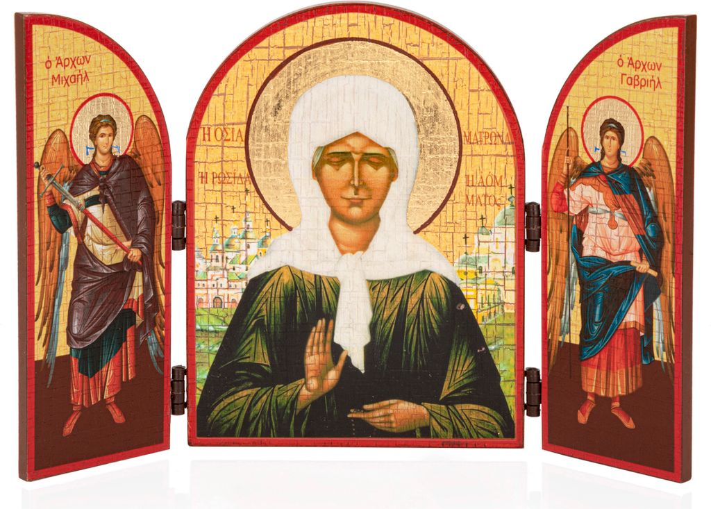 NKlaus Heilige Matrona Ikone Triptychon Holz 25x16cm Christlich 13815